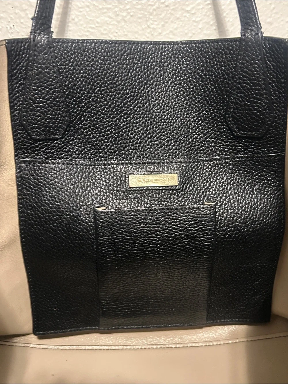 TORY BURCH Block-T Large Tote Bag Black Pebbled Leather Excellent w/ Dust Bag